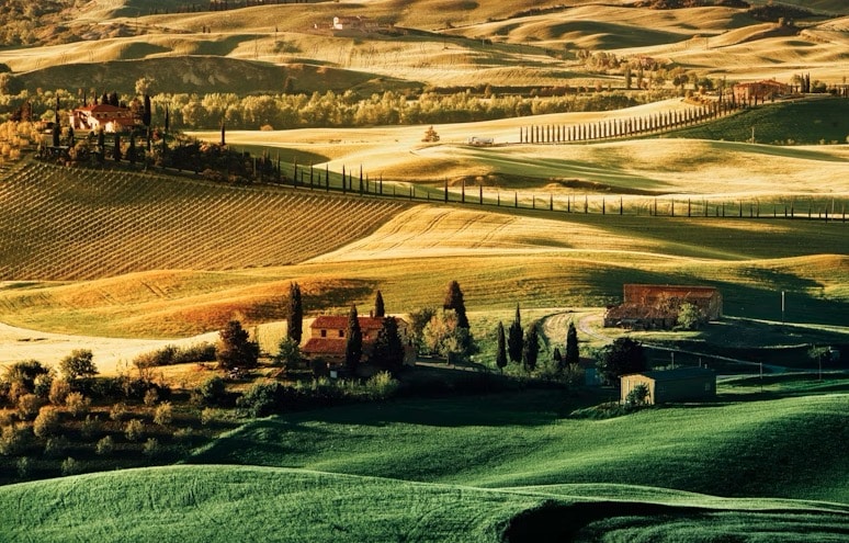 hillsides with green and yellow grasses and buildings in italy