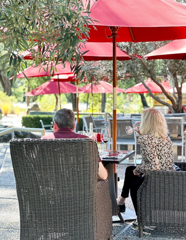 people sitting outside in patio tasting wine
